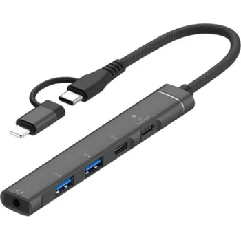 OTG-019Y 5v1 hub - 3,5 mm jack / 2x USB-C / 2x USB-A na USB-C / Lightning - tmavě šedý