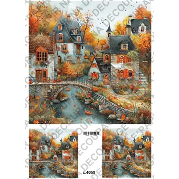 Umělecký papír Rýžový a soft papír na decoupage - Podzimní domečky - KB04059 Materiál: Soft, Rozměr: A4