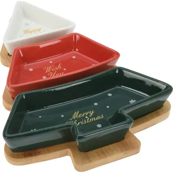 Vánoční dekorace H&L Servírovací sada Stromeček: Bambusový tác a 3 kameninové misky se zlatou (27x20x4 cm)