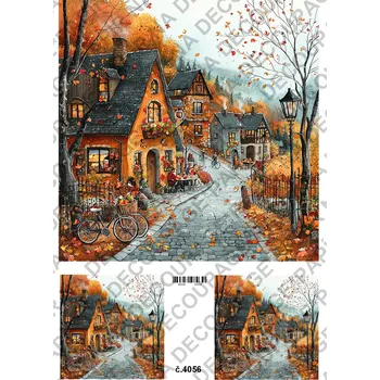 Výtvarný papír Rýžový a soft papír na decoupage - Podzimní domečky - KB04056 Materiál: Rýžový papír, Rozměr: A4