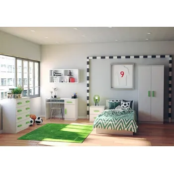 Obývací stěna Studentský nábytek SMYK I./ARIELA v bílé matné barvě, sestava F, skladem, barevné úchytky