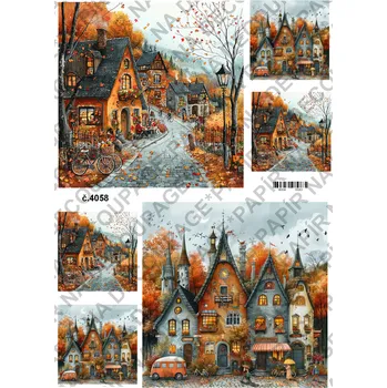 Umělecký papír Rýžový a soft papír na decoupage - Podzimní domečky - KB04058 Materiál: Soft, Rozměr: A4