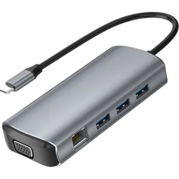 11v1 hub - slot na SD / TF kartu / RJ45 / HDMI / VGA / 3,5 mm jack / USB-C / 4x USB-A na USB-C pro MacBook - šedý