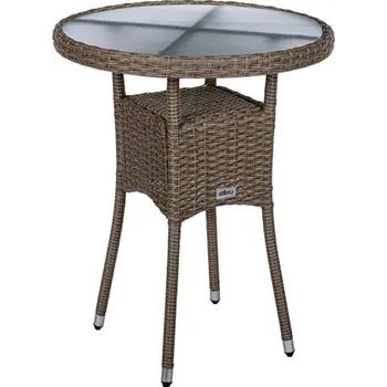 Zahradní stůl Malý kulatý balkonový stolek umělý ratan + skleněná deska, krémově hnědý, průměr 60 cm