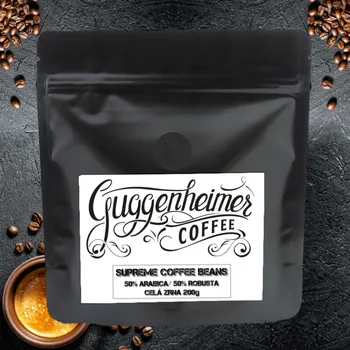 Zrnková káva Guggenheimer Supreme Beans. Italská pomalu pražená káva. Krémová chůť perfektní na espresso. 200g