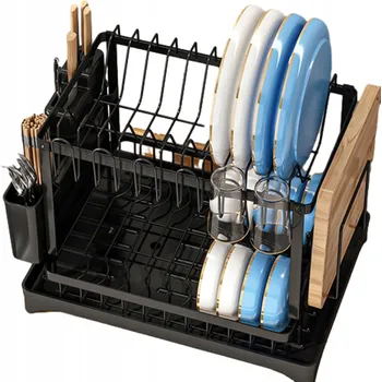 Odkapávač na nádobí DVOUÚROVŇOVÝ ODVADĚČ NA NÁDOBÍ ČERNÝ, PEVNÝ S ODKAPÁVACÍ MISKOU