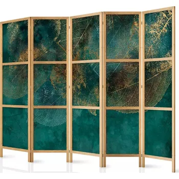 Paraván Dřevěný paraván Fabulo 5-dílný - Zlaté listy 172 x 225 cm | potisk na jedné straně paravánu