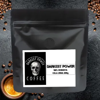 Zrnková káva Darkest Power | Espresso 100% Robusta | hodně kofeinu, málo kyselin | Silná crema, celá zrna | 200g