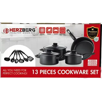 Sada nádobí Herzberg 13dílná sada nádobí s nepřilnavým povrchem a sadou příslušenství