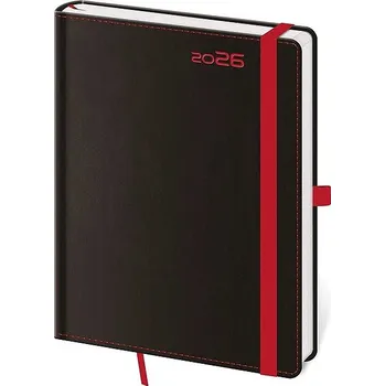 Diář Helma Black Red týdenní s poutkem na propisku 2026, černý, A5, 14,5 × 20,5 cm