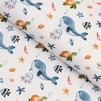 Dětská bavlněná látka/plátno Sandra SA-660 Modré velryby a mořská zvířátka na bílém - šířka 160 cm