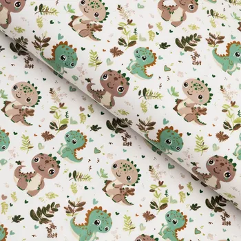 Dětská bavlněná látka/plátno Sandra SA-657 Zeleno-hnědí dinosauříci na bílém - šířka 160 cm