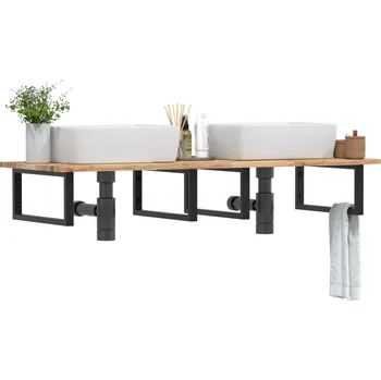 Koupelnový nábytek Deska pod umyvadlo nástěnná ocel a masivní akáciové dřevo Hnědá3302793