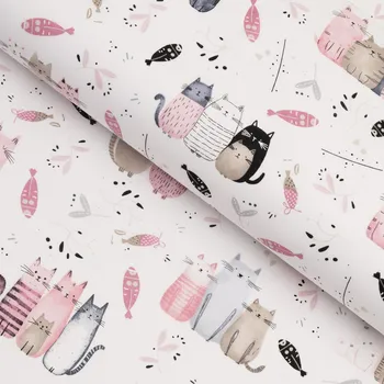 Dětská bavlněná látka/plátno Sandra SA-654 Kočičí svět růžovo-hnědý na bílém - šířka 160 cm