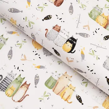 Dětská bavlněná látka/plátno Sandra SA-652 Kočičí svět zeleno-žlutý na bílém - šířka 160 cm