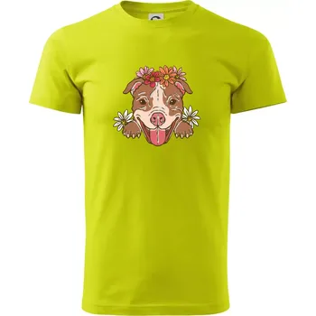 Americký stafordširský teriér hlava s květinami - Klasické pánské triko vyšší gramáže - 4XL ( Limetková )