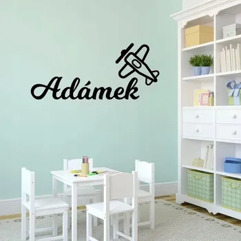 Samolepící dekorace Klučičí jmenovka s letadlem - vinylová samolepka na zeď 80x35cm