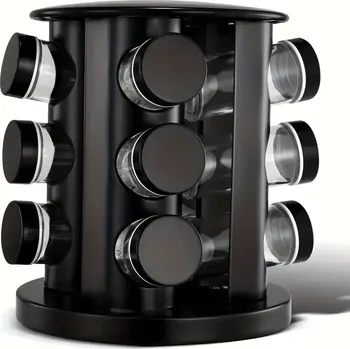 Obraz Černý otočný kořenkový regál kulatý, 12 skleniček + samolepky do kuchyně