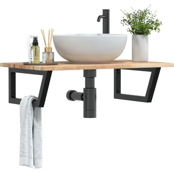 Koupelnový nábytek Deska pod umyvadlo nástěnná ocel a masivní akáciové dřevo Hnědá3302787