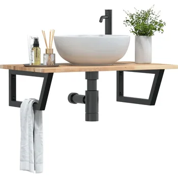 Koupelnový nábytek Deska pod umyvadlo nástěnná ocel a masivní akáciové dřevo Hnědá3302783