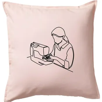 Polštář Švadlena a šicí stroj jedním tahem - Polštář 50x50 - 50x50 - Včetně výplně ( Světle růžová )