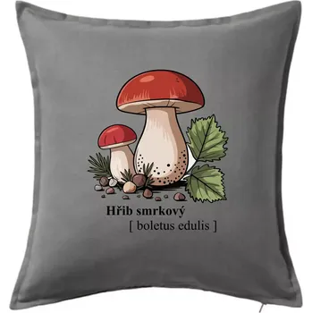 Polštář Hřib smrkový - Boletus edulis kreslený - Polštář 50x50 - 50x50 - Včetně výplně ( Tmavě šedý melír )