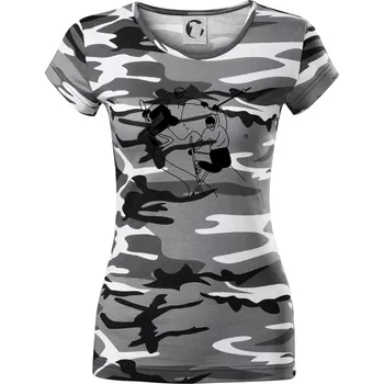 Dámské tričko Lyžovaní - kresleny obrázek - Dámské maskáčové triko - S ( Šedý maskáč )