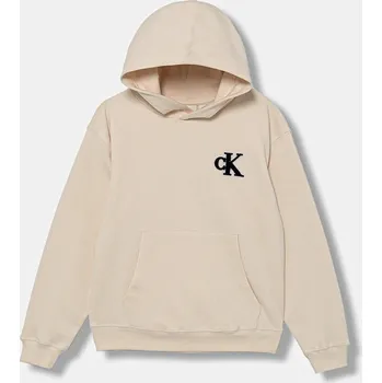 Chlapecká mikina Dětská mikina Calvin Klein Jeans béžová barva, s kapucí, hladká, IB0IB02561 IB0IB02561.9BYA 02X, vel. 164