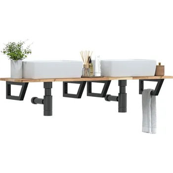 Koupelnový nábytek Deska pod umyvadlo nástěnná ocel a masivní akáciové dřevo Hnědá3302679