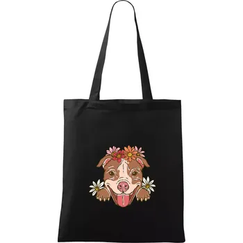 Nákupní taška Americký stafordširský teriér hlava s květinami - Taška bavlněná - 42 x 38 cm ( Černá )