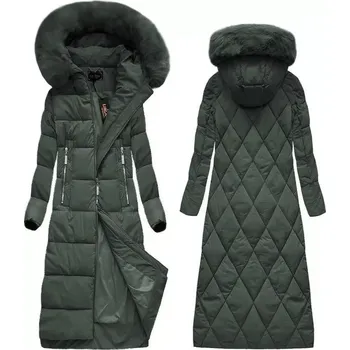 Dlouhá dámská zimní bunda v lahvově zelené barvě s kapucí (7688) odstíny zelené M (38)