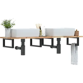 Koupelnový nábytek Deska pod umyvadlo nástěnná ocel a masivní akáciové dřevo Hnědá3302681