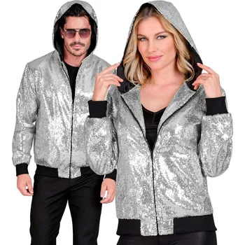 Karnevalový kostým Stříbrný třpytivý párty bomber s kapucí - L/XL