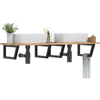 Koupelnový nábytek Deska pod umyvadlo nástěnná ocel a masivní akáciové dřevo Hnědá3302791