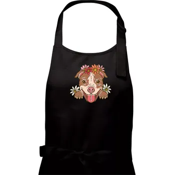 Kuchyňská zástěra Americký stafordširský teriér hlava s květinami - Dámská zástěra na vaření - Univerzální velikost ( Černá )