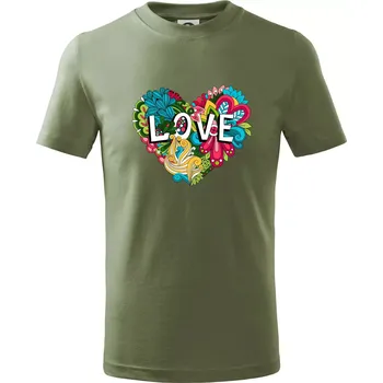 Chlapecké oblečení Love nápis květovaný - Tričko dětské bavlněné - 98 cm / 2 roky ( Khaki )