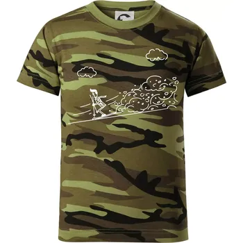 Kreslený lyžař na horách - Dětské maskáčové triko - 134 cm/8 let ( Zelený maskáč )