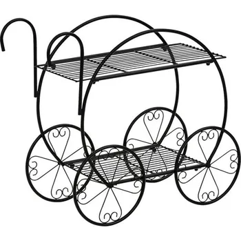 Zahradní dekorace Dekorativní regál na květiny ve tvaru historického vozíku / kočárku, kov, černý, 66x60x28 cm