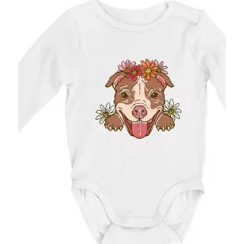 Americký stafordširský teriér hlava s květinami - Body kojenecké s dlouhým rukávem - Dlouhý r. do 3 měs ( Bílá )