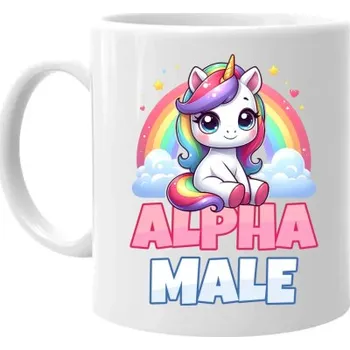 Žertovný předmět Alpha male - jednorožec s duhou - hrnek s potiskem- Tričkový.cz