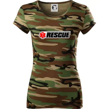 Dámské tričko Záchranář rescue kříž červený - Dámské maskáčové triko - L ( Hnědý maskáč )