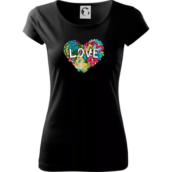 Dámské tričko Love nápis květovaný - Dámské triko Pure - S ( Černá )