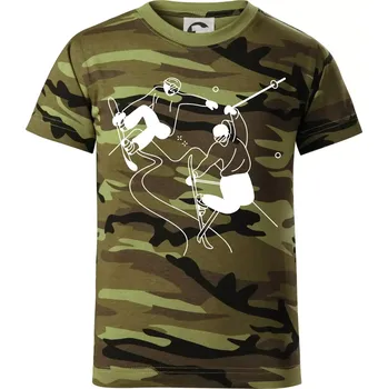 Lyžovaní - kresleny obrázek - Dětské maskáčové triko - 146 cm/10 let ( Zelený maskáč )