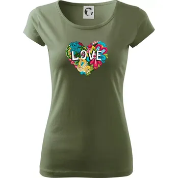 Dámské tričko Love nápis květovaný - Dámské triko Pure - XS ( Khaki )