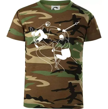 Lyžovaní - kresleny obrázek - Dětské maskáčové triko - 104-110cm / 3-4 roky ( Hnědý maskáč )