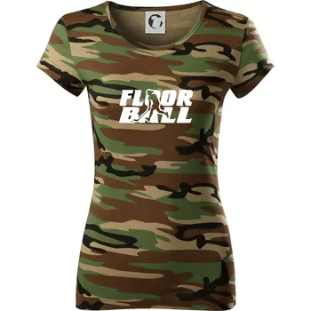 Dámské tričko Floorball nápis rovný - Dámské maskáčové triko - XL ( Hnědý maskáč )