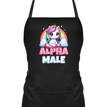 Žertovný předmět Alpha male - jednorožec s duhou - zástěra s potiskem- Tričkový.cz