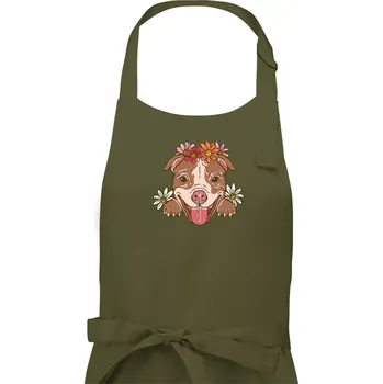 Kuchyňská zástěra Americký stafordširský teriér hlava s květinami - Pánská zástěra na vaření - Univerzální velikost ( Khaki )