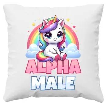 Žertovný předmět Alpha male - jednorožec s duhou - polštář s potiskem- Tričkový.cz