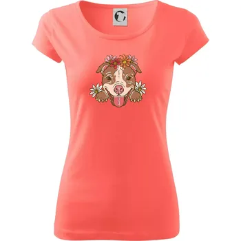 Dámské tričko Americký stafordširský teriér hlava s květinami - Dámské triko Pure - XS ( Korálová )